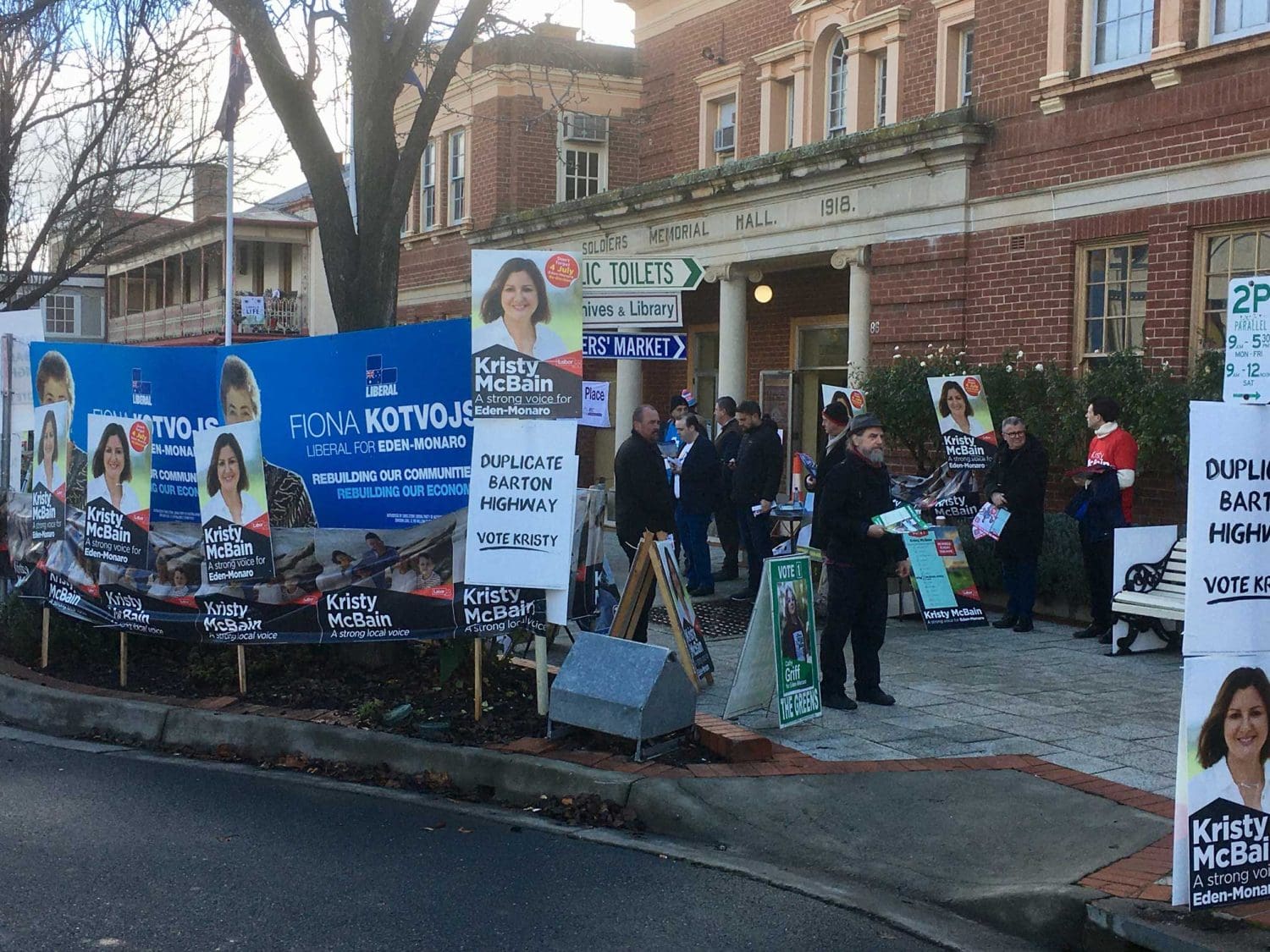 Election Day - Yass Soldiers Memorial Hall gardens staked oyt with candidate signage